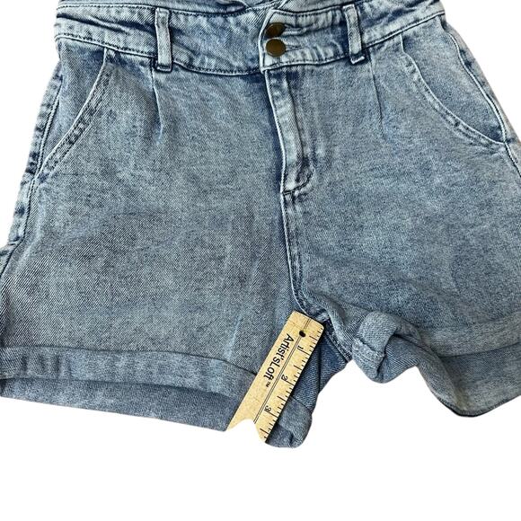 Denim Jean Shorts Cuffed Acid Wash Retro Pleated High Rise Boho Cute Girls Sz 16 - Picture 6 of 7